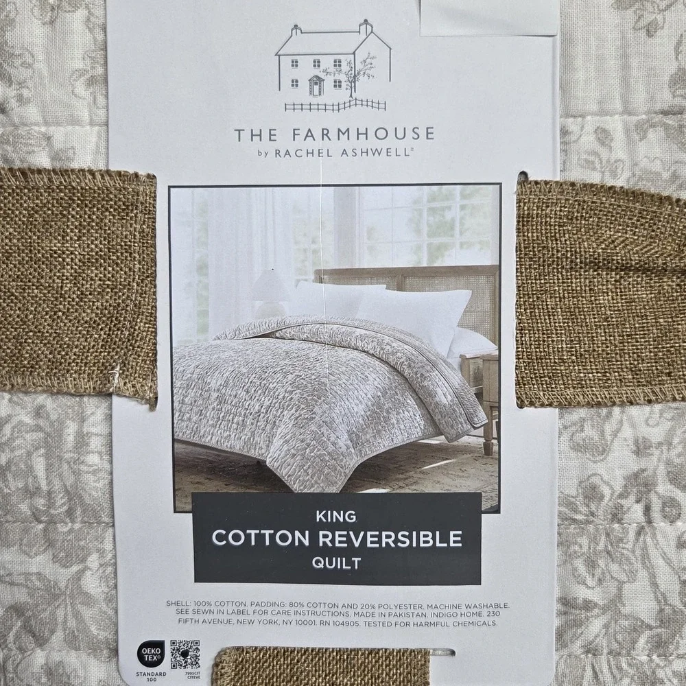 Rachel Ashwell Flax Cotton King Quilt Shabby Chic Reversible Sophia Toile Floral